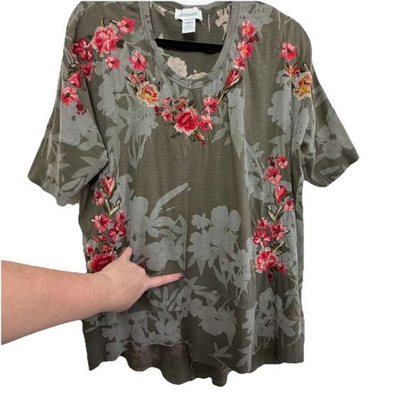 Sundance Embroidered Floral Tunic Top XL Olive Green Boho Cottagecore - Picture 7 of 15